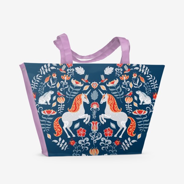 Пляжная сумка &laquo;Декоративный орнамаент в форме сердца с единорщгами, птицами, кроликами, цветами.&raquo;