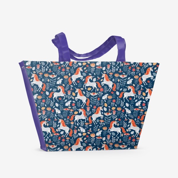 Пляжная сумка «Единороги, зайчики, птицы, птицы. Декоративный паттерн на синем фоне. »