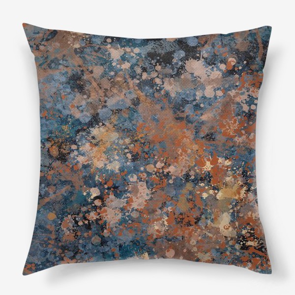 Подушка «Абстрактный рисунок с брызгами синей и коричневой краски на черном фоне»