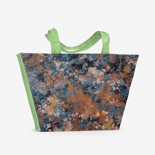 Пляжная сумка «Абстрактный рисунок с брызгами синей и коричневой краски на черном фоне»