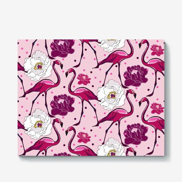 Холст «Фламинго в цветах на розовом фоне»