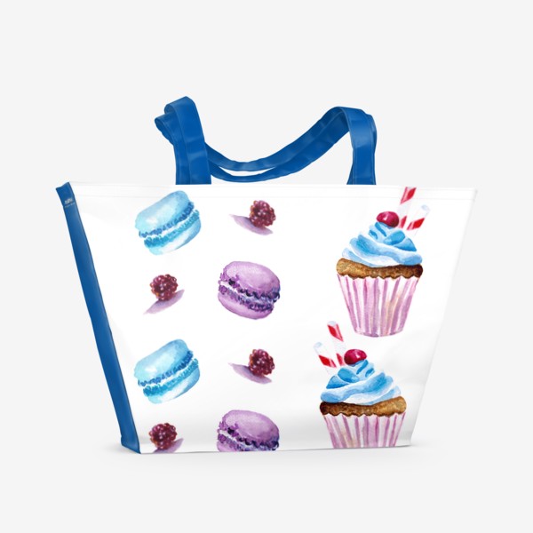 Пляжная сумка «Пироженое, малина и макарунс, акварель»