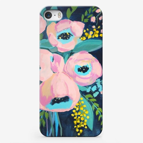 Чехол iPhone «Розовые цветы на синем фоне»