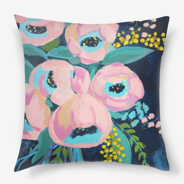 Подушка «Розовые цветы на синем фоне»