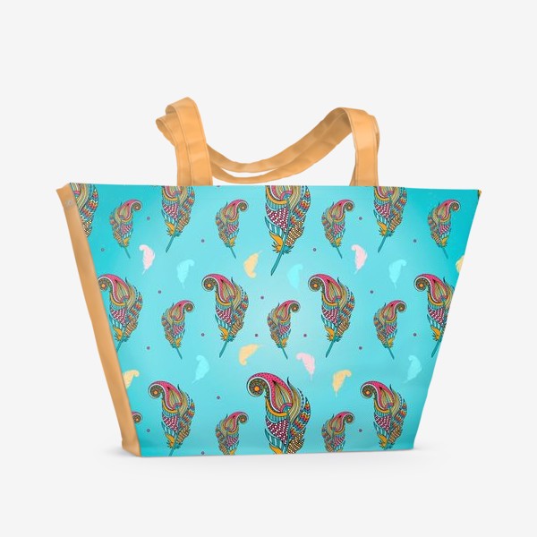 Пляжная сумка «Цветные дудл-перья на голубом фоне»