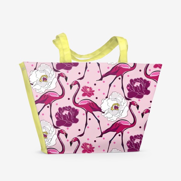 Пляжная сумка «Фламинго в цветах на розовом фоне»