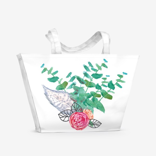 Пляжная сумка «Перо, роза, эвкалипт, акварель  и графика»