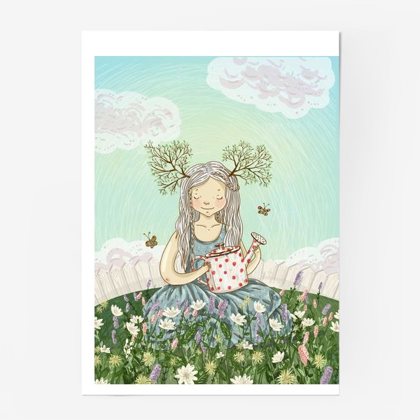 Постер «Девушка сидит среди цветов в саду с лейкой»