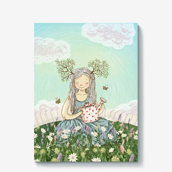 Холст «Девушка сидит среди цветов в саду с лейкой»
