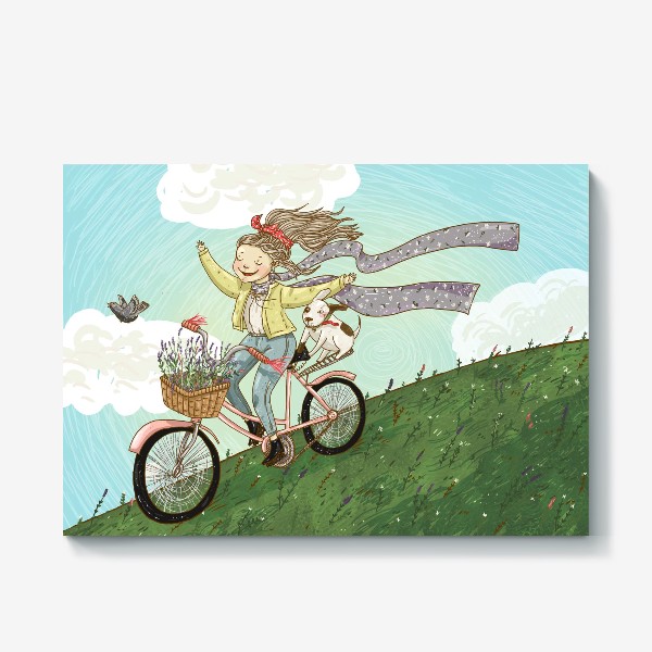 Холст «Девушка на велосипеде катится с горы»