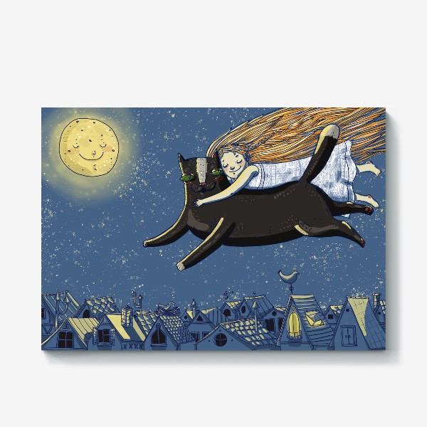 Холст «Девочка на коте летит над ночным городом»