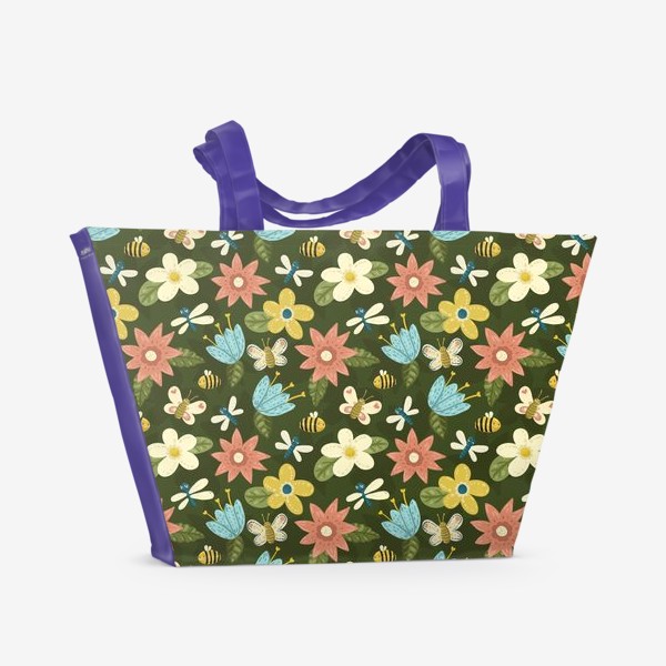 Пляжная сумка «Цветочный паттерн с стрекозами, пчелками и бабочками»