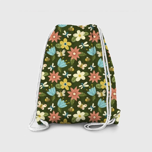 Рюкзак «Цветочный паттерн с стрекозами, пчелками и бабочками»