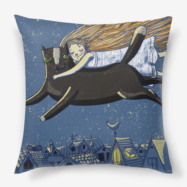 Подушка «Девочка на коте летит над ночным городом»