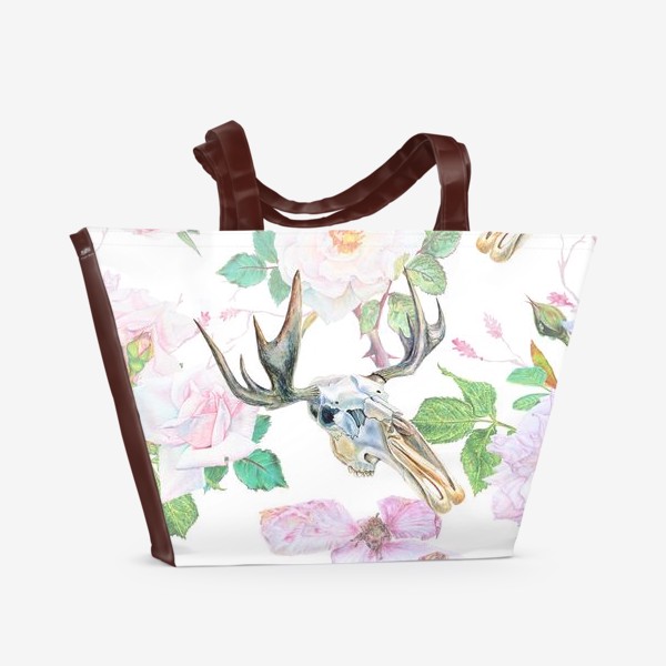 Пляжная сумка «Череп оленя и белые розы»