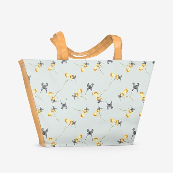 Пляжная сумка «Бабочка и мимоза, серый фон, паттерн, акварель и графика»