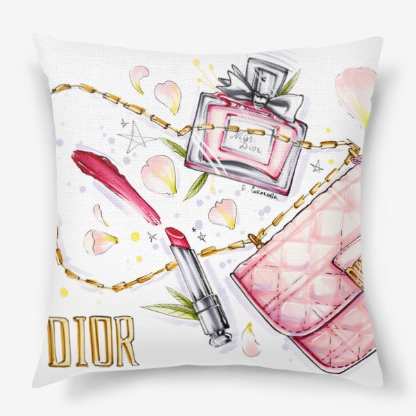 Подушка &laquo;Dior мания. Сумочка, аромат и помада&raquo;