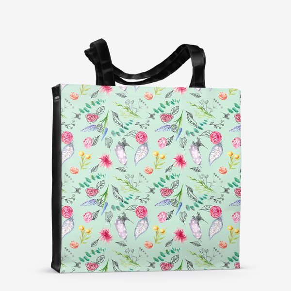 Сумка-шоппер «Перья, цветы, листья, акварель и графика, паттерн»