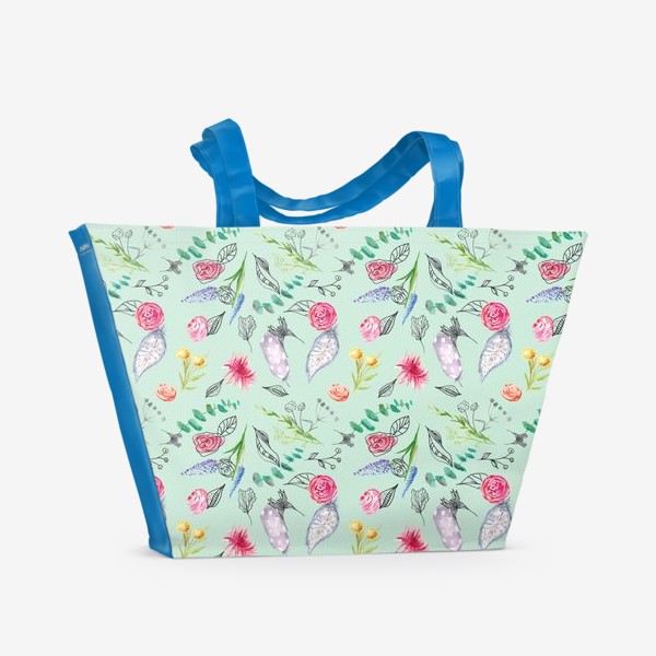 Пляжная сумка &laquo;Перья, цветы, листья, акварель и графика, паттерн&raquo;