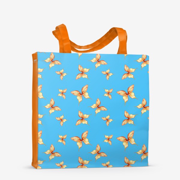 Сумка-шоппер «Оранжевые бабочки на голубом, акварель, паттерн»
