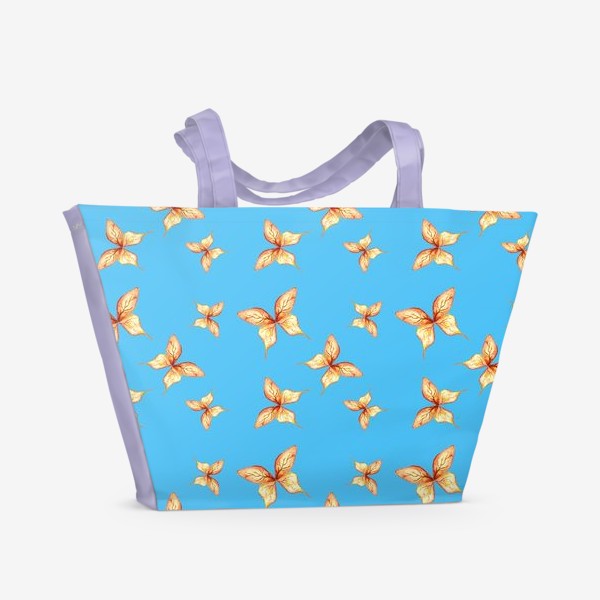 Пляжная сумка «Оранжевые бабочки на голубом, акварель, паттерн»