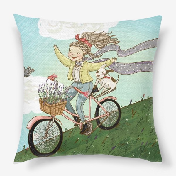 Подушка «Девушка на велосипеде катится с горы»