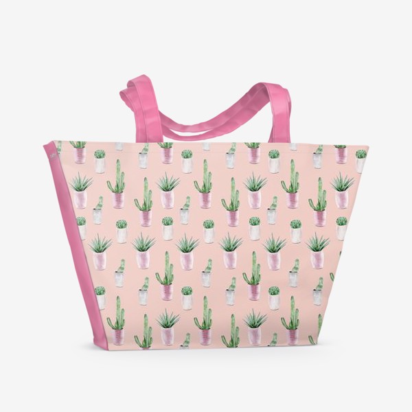 Пляжная сумка &laquo;Узор с кактусами в горшках на персиковом &raquo;