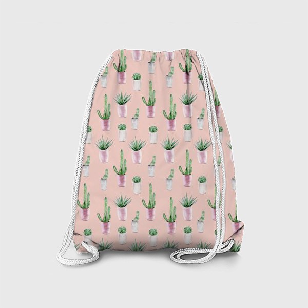 Рюкзак «Узор с кактусами в горшках на персиковом »