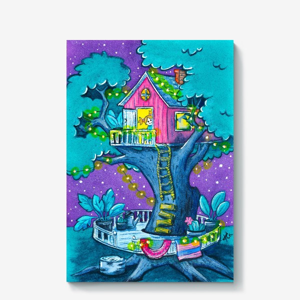 Холст «Розовый домик на дереве»