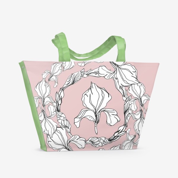 Пляжная сумка «Цветочный медальон, ирисы, графика на розовом»