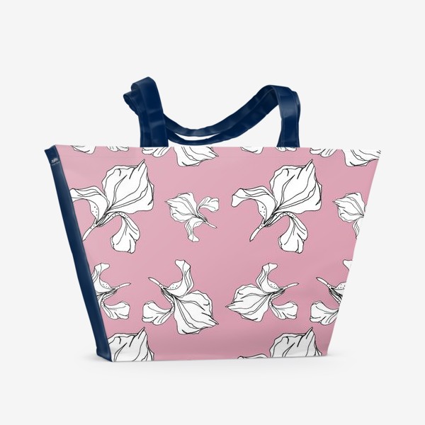Пляжная сумка &laquo;Ирисы, черно-белый, розовый, паттерн&raquo;