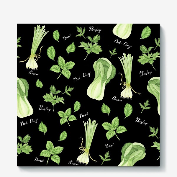 Холст «Зеленые овощи на черном фоне»