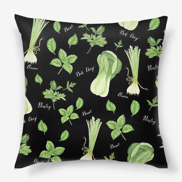 Подушка «Зеленые овощи на черном фоне»