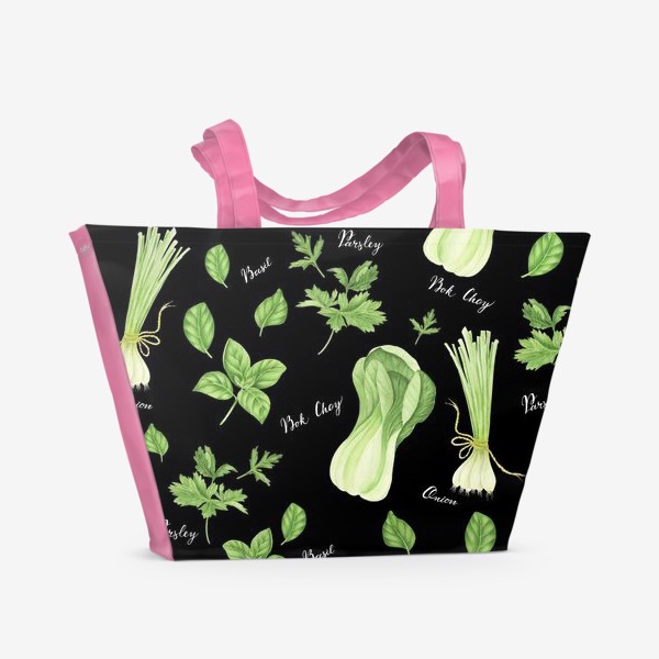 Пляжная сумка &laquo;Зеленые овощи на черном фоне&raquo;
