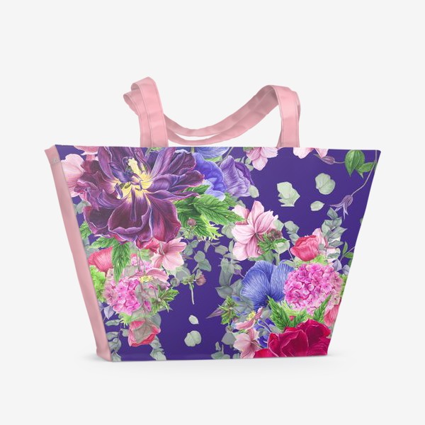 Пляжная сумка «Яркие цветы на фиолетовом фоне»