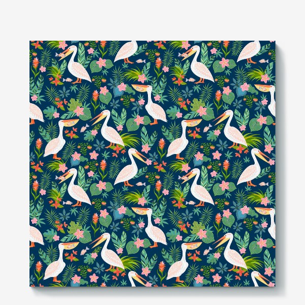 Холст «Пеликаны с рыбой, тропические цветы и листья на синем фоне.»