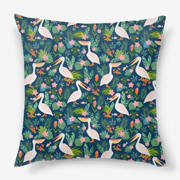Подушка «Пеликаны с рыбой, тропические цветы и листья на синем фоне.»