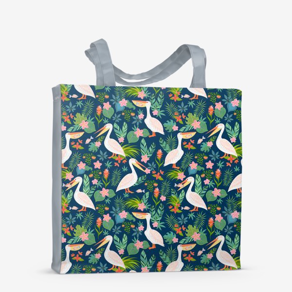 Сумка-шоппер &laquo;Пеликаны с рыбой, тропические цветы и листья на синем фоне.&raquo;