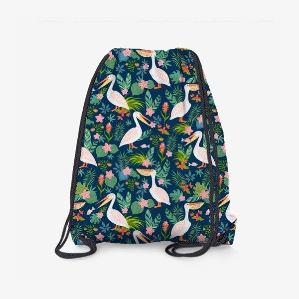 Рюкзак «Пеликаны с рыбой, тропические цветы и листья на синем фоне.»