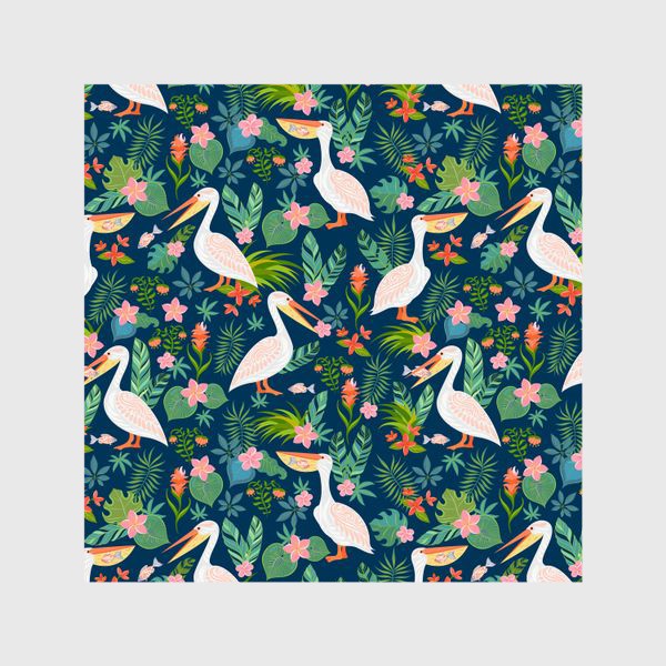 Шторы «Пеликаны с рыбой, тропические цветы и листья на синем фоне.»