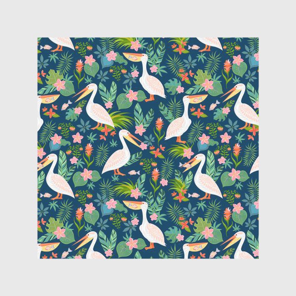 Скатерть &laquo;Пеликаны с рыбой, тропические цветы и листья на синем фоне.&raquo;