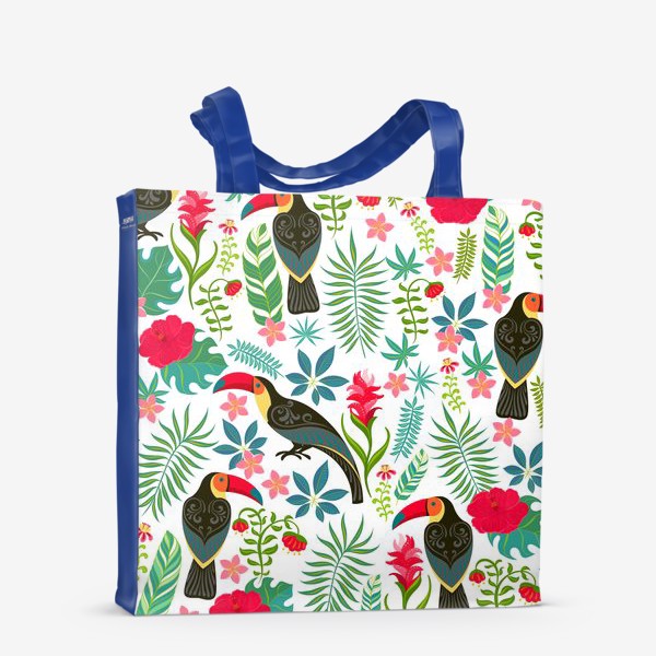 Сумка-шоппер «Туканы с орнаментом на фоне тропических цветов и листьев.»