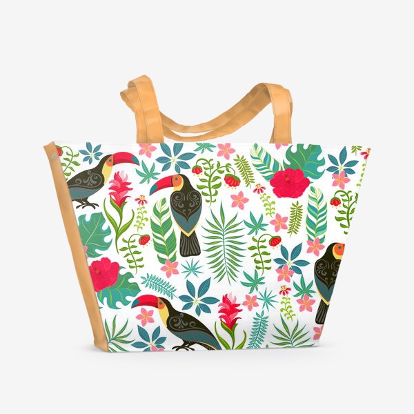 Пляжная сумка «Туканы с орнаментом на фоне тропических цветов и листьев.»