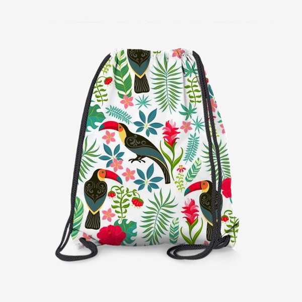 Рюкзак «Туканы с орнаментом на фоне тропических цветов и листьев.»