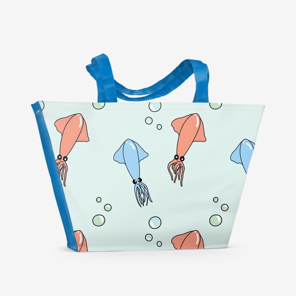 Пляжная сумка &laquo;Паттерн с кальмарами из океана на голубом&raquo;