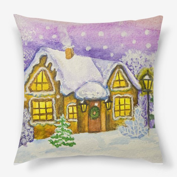 Подушка «Рождественская открытка с домом и рождественской ёлкой»