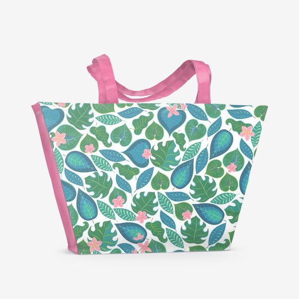 Пляжная сумка «Тропические листья и розовые цветы. »