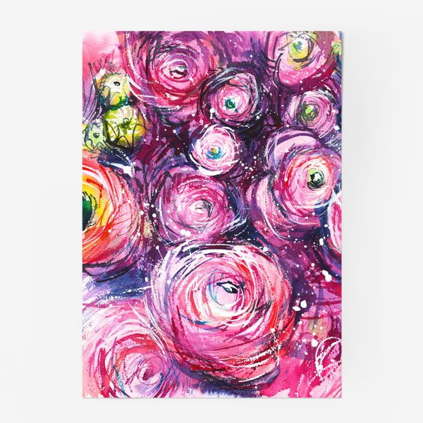 Постер «большой розовый букет лютиков, ранункулюсы, акварельная живопись»