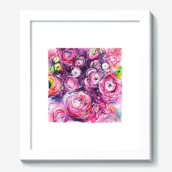 Картина «большой розовый букет лютиков, ранункулюсы, акварельная живопись»