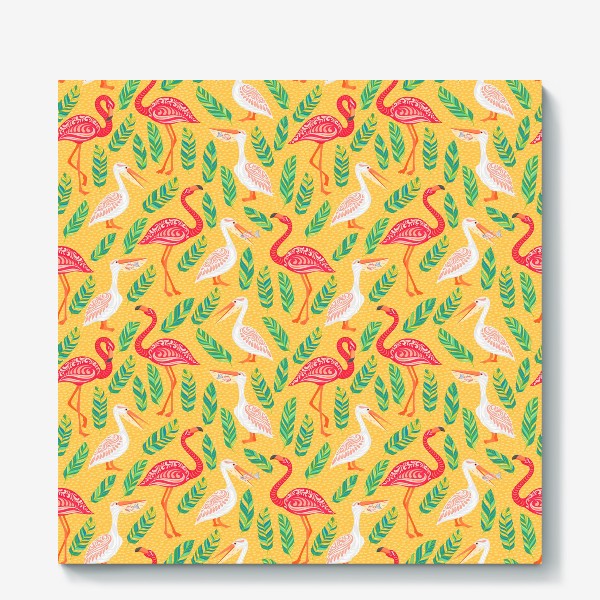 Холст «Пеликаны, фламинго, тропические листья на желтом фоне. »